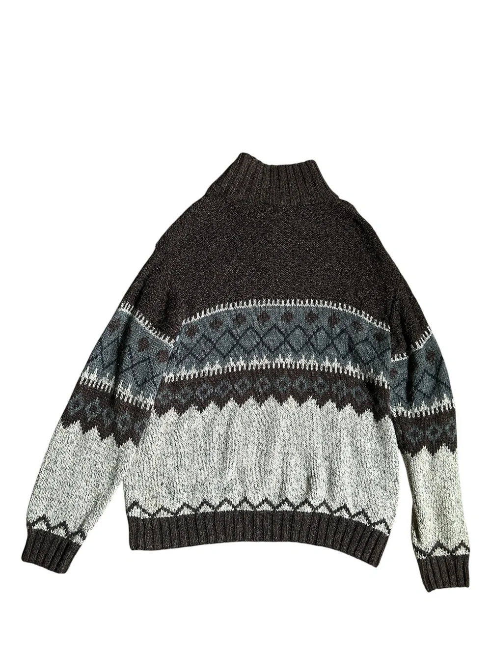 Men's Unisex Brown Fair Isle Mock Neck Ramie Blend  Thick Sweater Size: XLT
